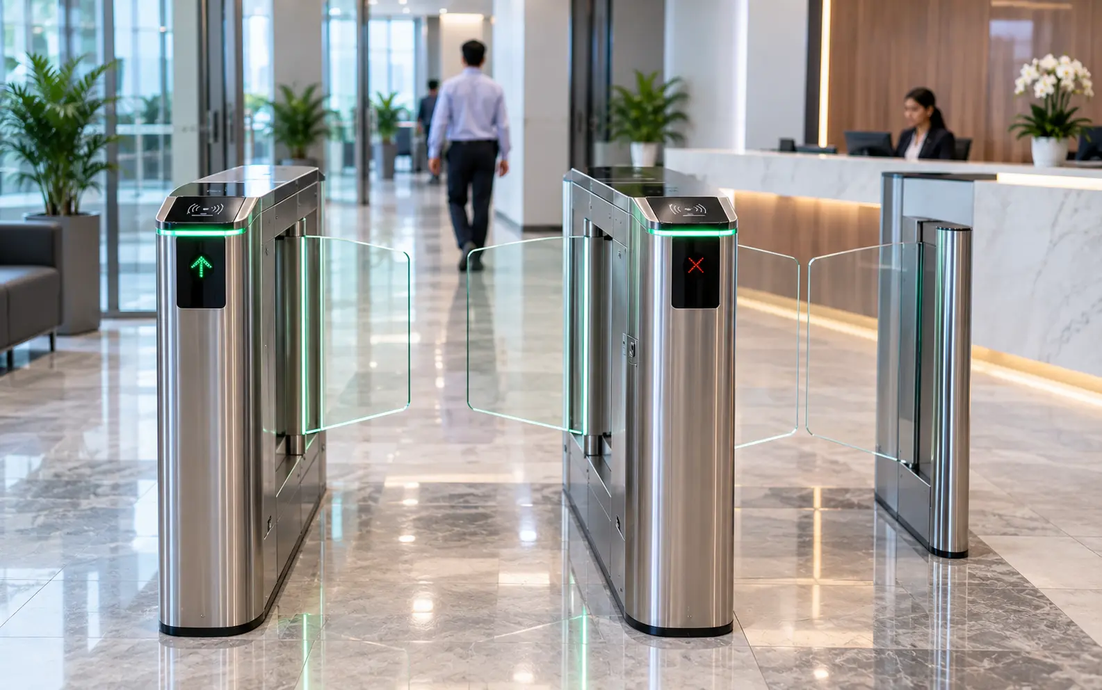 Flap barrier access control gates in a modern office lobby